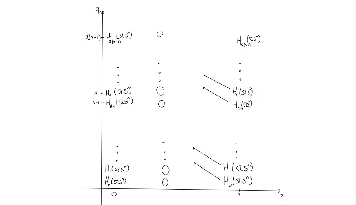A bad drawing showing the structure of the $E^2$-page. No differentials hit anything (unless $n=2$).